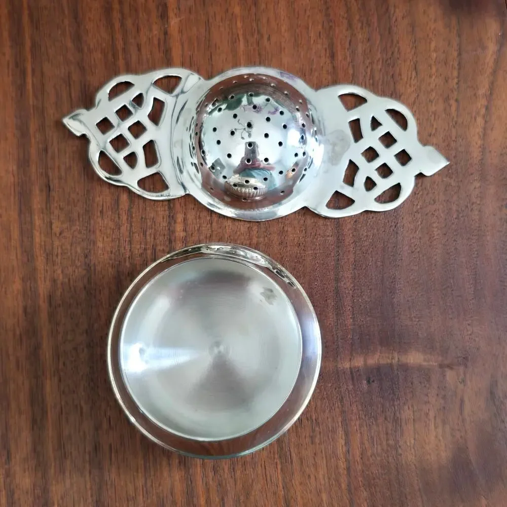 Vintage Silver Plated Tea Strainer Filigree Handles Drip Bowl Victorian Cottage